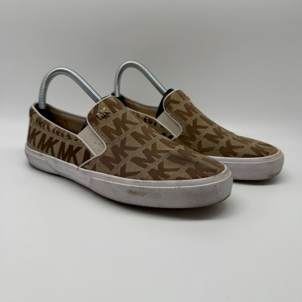 Michael Kors Slip On Sneakers Womens 8 Brown Monogram Textile Logoโ Flat Shoes